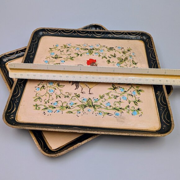 Pair of Vintage Hand-Painted Folk Art Style Rooster and Floral Square Trays - Picture 6 of 7